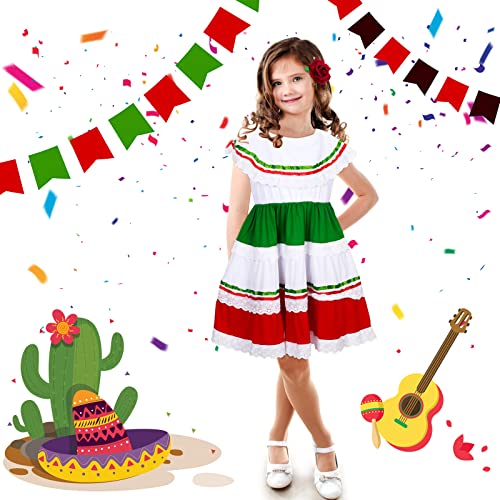 Xtinmee 2 Pcs Girls Traditional Mexican Fiesta Dress Kit with Flower Headpiece Cinco De Mayo Halloween Party Costume Size 6-8(Cute Style)