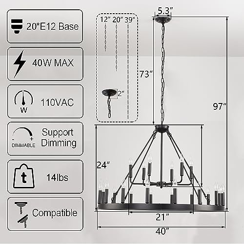 Black Wagon Wheel Chandelier Farmhouse 40 Inch 22-Lights Black Round Rustic Hanging Lighting Pendant Light Fixture for living room high ceiling outdoor wheel chandelier for porch foyer dining room