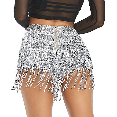 Women's Sequins Tassel Skirts Shorts Rave Festival Bottoms Silver