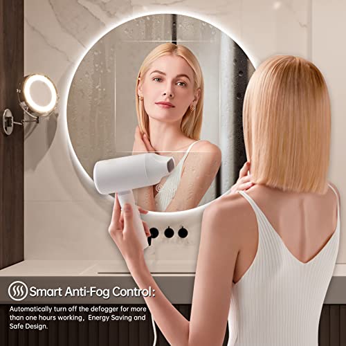 Fynigto Round LED Bathroom Mirror with Lights, 36 Inch Backlit Bathroom Vanity Mirror Wall Mounted Mirror with Anti-Fog, 3-Color Dimmable Lights and Brightness Memory