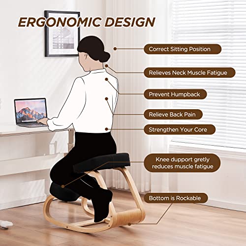 THEETAYY Ergonomic Kneeling Chair,Wooden Rocking Chair for Home Office,Office Chair for Relieving Neck and Back Pain,Black