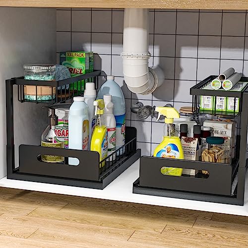 bukfen Under Sink Organizer, Pull Out Cabinet Organizer 2-Tier Slide Out Sliding Shelf Under Cabinet Storage Multi-Use for Under Kitchen Bathroom Sink Organizers and Storage ，2 Pack