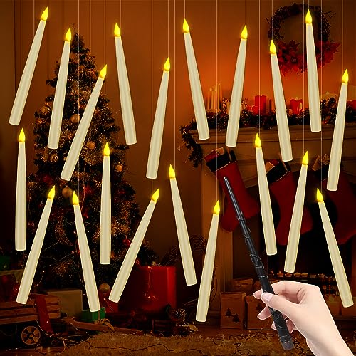 20Pack Halloween Decorations -Flameless Taper Floating Candles with Magic Wand Remote Flickering Warm Light LED Candles Hanging For Harry Potter Witch Wizard Christmas Room Birthday Party Home Décor