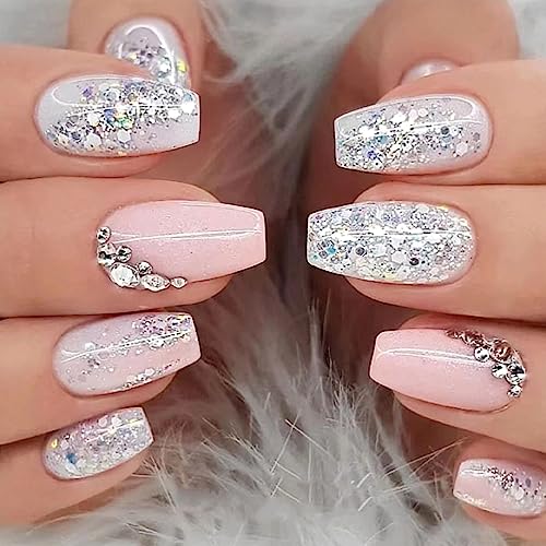Silver Glitter Press on Nails Medium Square Fake Nails with Rhinestones Design Glossy Pink White Artificial False Nails for Women Girls DIY Manicure Decoration Reusable Stick on Nails Glue on Nails