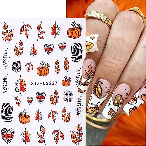 JMEOWIO 9 Sheets Fall Autumn Nail Art Stickers Decals Self-Adhesive Pegatinas Uñas Pumpkin Maple Leaf Thanksgiving Nail Supplies Nail Art Design Decoration Accessories