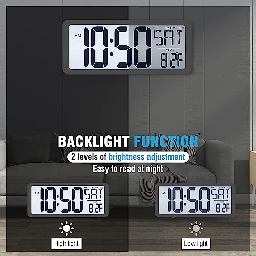 TXL Atomic Clock with Backlight, 14.2" Digital Wall Clock Large Display, Battery Operated Digital Alarm Clock with Day, Date & Temperature, Count Up Down Timer Clock for Home, Office