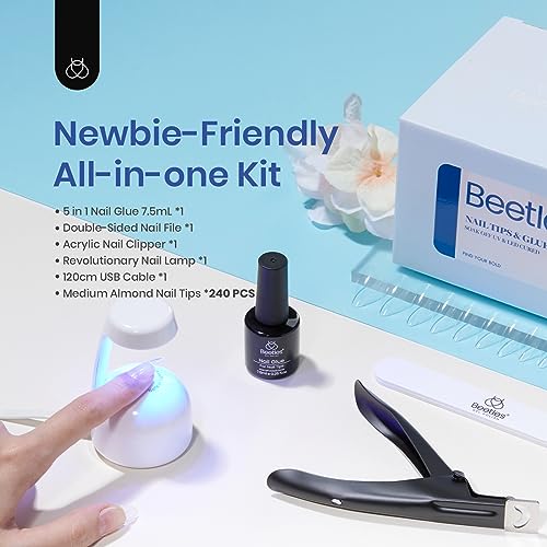 Beetles Gel Nail Kit Easy Nail Extension Set 5 In 1 Nail Glue Gel Base Coat with Pre shaped Medium Almond Soft Gel Nail Tips and Led Nail Lamp Acrylic Nail Clipper for Nail Art Diy Home