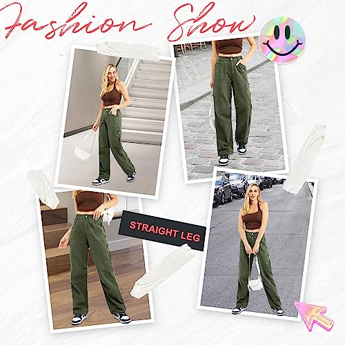 Znyeth Cargo Pants Women High Waist Baggy Jeans with 7 Pockets Casual Wide Leg Y2K Pants for Womens Combat Military Work Pants Army Green 3XL