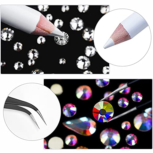 Nail Art Rhinestones Kit HUETFAT 2400pcs Nail Gems Ab Flatback Rhinestones Gems Stones, with Storage Organizer Box/Wax Pencil/Tweezers 6 Sizes (1.5-4.5 mm) for Nail Art Craft (2400pcs)