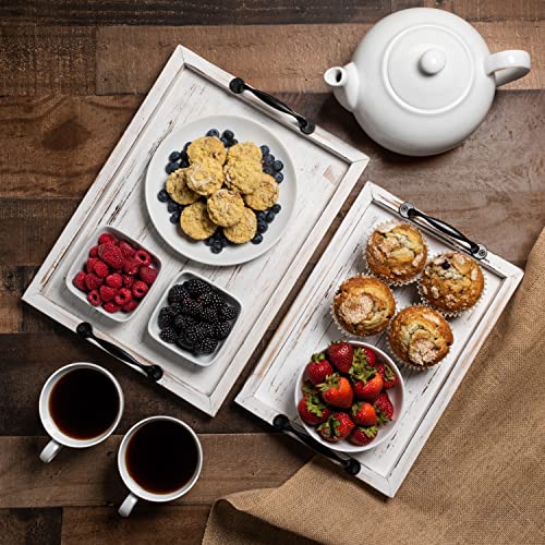 Gennua Kitchen Rustic Wooden Serving Tray Set with Metal Handles | 2 Nesting Decorative Trays for Coffee Table, Ottoman, Countertop & More with Distressed White Finish to Complement Any Decor