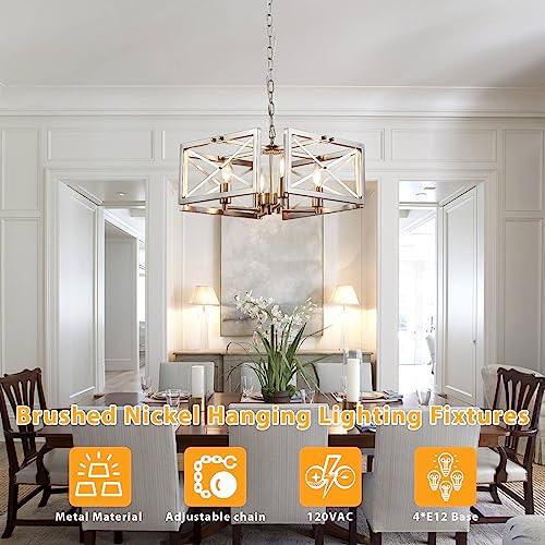 Doltoro Brushed Nickel Farmhouse Chandelier 4-Light Modern Chandelier for Dining Room Lighting Fixtures Hanging, Iron Square Frame Chandeliers for Hallway Kitchen Foyer Living Room Bedroom