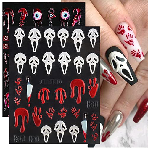 Halloween Nail Art Stickers Decals, 5D Stereoscopic Embossed Halloween Nail Stickers Nail Art Supplies Ghost Face Spider Bat Halloween Nails Design Decals for Women Girls DIY Nail Art Decorations