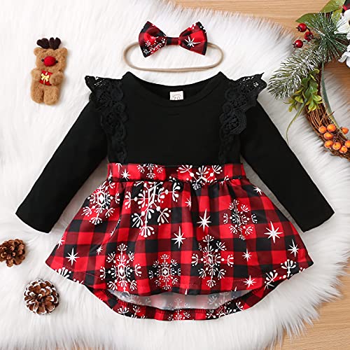 1st Christmas Outfit Newborn Baby Girl Flutter Lace Long Sleeve Top Floral Skirt Bodysuit Xmas Dress Headband (Red-Plaid, 6-9 Months)