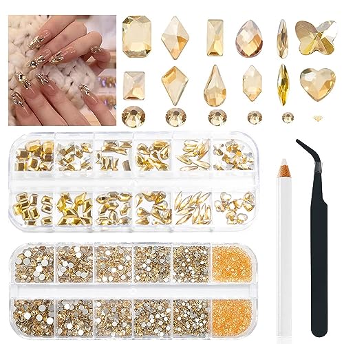 2680Pcs 3D Champagne Gold Nails Rhinestones, 18 Shapes Acrylic Crystal Gold Nails Charms with Bling Flatback Round Beads, Clear Stones Gem Jewelry Diamond for Nails Art Decoration With Picker Tool