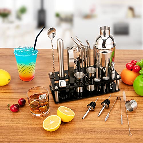 Cocktail Shaker Set, 23-Piece Stainless Steel Bartender Kit with Acrylic Stand & Cocktail Recipes Booklet, Professional Bar Tools for Drink Mixing, Home, Bar, Party (Include 4 Whiskey Stones)