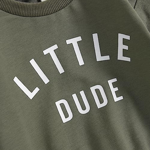 Baby Toddler Boys Fall Winter Outfits Little Dude Letter Printed Long Sleeve Sweatshirts Pants 2Pcs Clothes Set (Army Green, 0-6 Months)