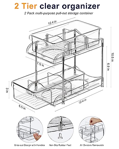 MHHA 2 Pack Bathroom Cabinet Organizer, 2 Tier Clear Under Sink Organizers and Storage Medicine Cabinet Organizer with Dividers, Pull Out Kitchen Pantry Shelf Cupboard Closet Vanity Organization Bins