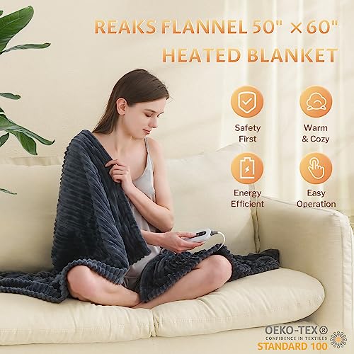 Reaks Heated Blanket Throw - 50" x 60" Electric Blanket with 4 Fast Heating Levels & 3 Hours Auto Off, Soft Flannel Heating Blankets for Home Office, UL&FCC Certification, Machine Washable, Dark Grey