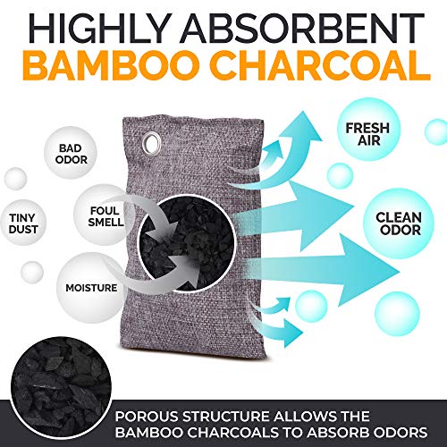 Nature Fresh Bamboo Charcoal Air Purifying Bags 10 x 100g Set with Hooks - Activated Natural Home Odor Absorber, Deodorizer and Moisture Eliminator. Purifier Bag for Closet, Shoe, Car, large Room. Pet Safe