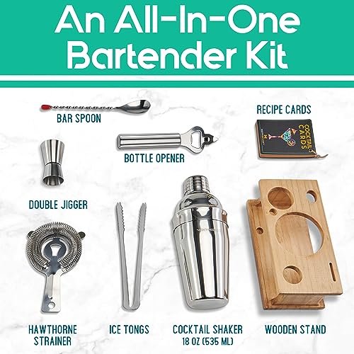 Mixology Bartender Kit | 8-Piece Silver Cocktail Shaker Set with Pine Wood Stand, Recipe Cards, and Bar Accessories | Perfect for Home Bar, Parties