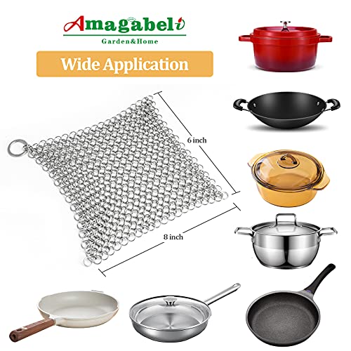 AMAGABELI GARDEN & HOME 8"x6" Stainless Steel Cast Iron Cleaner 316 Chainmail Scrubber for Cast Iron Pan Pre-Seasoned Pan Dutch Ovens Waffle Iron Pans Scraper Cast Iron Grill Scraper Skillet Scraper