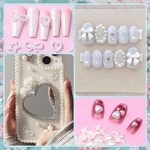 1200Pcs 3D Multi Shapes Nail Charms and Flatback Pearls, White&Pink Mix styles Heart Star Bow Sunflower Embellishments for Nail Art, Craft and Decoration with Glue Gel, Tweezer and Pickup Pencil