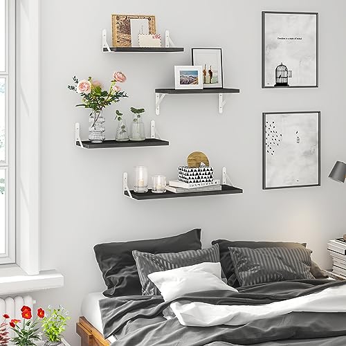 YGEOMER Floating Shelves, Rustic Wood Shelves, 4 Sets of Wall Mounted Shelf for Bathroom Decor, Bedroom, Living Room and Plants (Black and White Bracket)