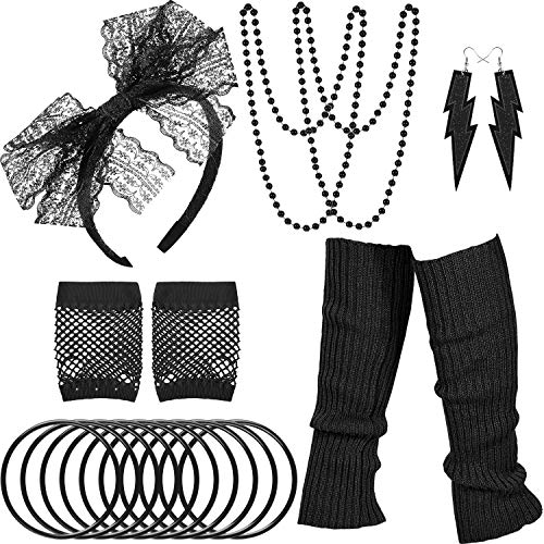 WILLBOND 80s Costume Accessories Set Leg Warmers Headband Gloves Earrings Bracelet Beads (Black)