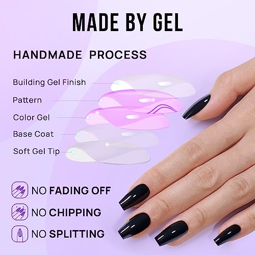 Press on Nails Halloween Black - BTArtbox Soft Gel Coffin Fake Nails with Nail Glue, Reusable Opaque Stick on Nails in 16 Sizes - 32 Nail Kit