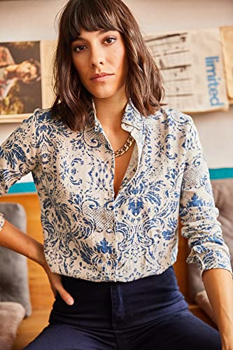 Blouses for Women Fashion, Casual Long Sleeve Button Down Shirts Tops (Blue Print, Large)