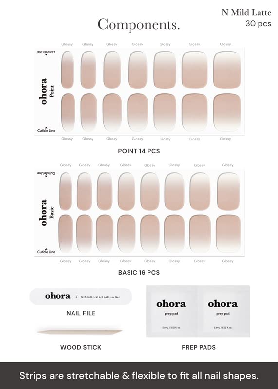 ohora Semi Cured Gel Nail Strips (N Mild Latte) - Works with Any Nail Lamps, Salon-Quality, Long Lasting, Easy to Apply & Remove - Includes 2 Prep Pads, Nail File & Wooden Stick - Beige