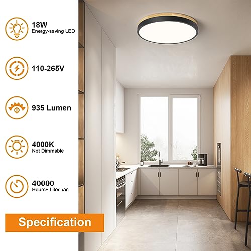 Vikaey Modern Wood LED Ceiling Light Fixture, Simple Black Flush Mount Ceiling Lamps, Circle Close to Ceiling Lighting Fixtures for Living Room, Bedroom, Dining Room, Kitchen, Laundry Room (11.8")