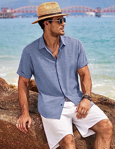 COOFANDY Men's Linen Shirt Casual Shirts Short Sleeve Shirts Button Down Linen Beach Shirts for Men Summer Outfit