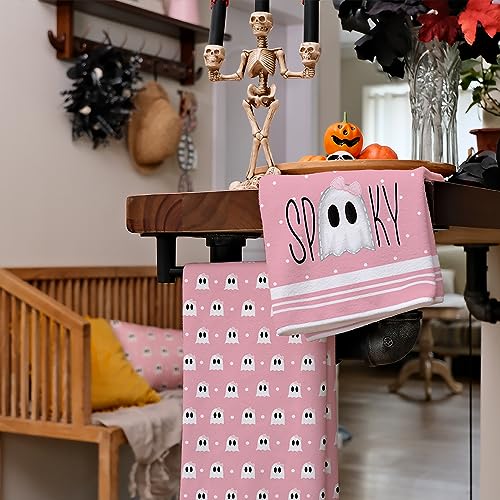 ARKENY Halloween Kitchen Dish Towels Set of 2,Pink Ghost Bowknot 18x26 Inch Drying Dishcloth,Farmhouse Home Decoration AD112