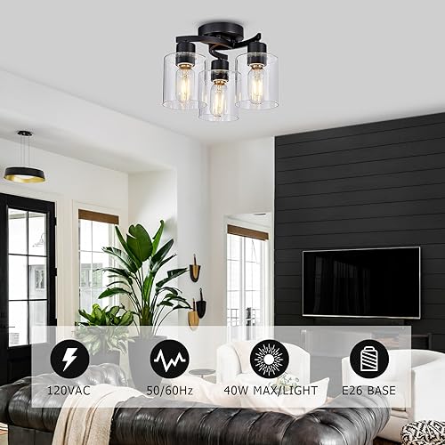 Flush Mount Ceiling Light, 3-Light Close to Ceiling Light Fixtures, Matte Black Bedroom Light Fixtures with Clear Glass Shades, Hallway Light Fixtures with E26 Socket for Kitchen Entryway Foyer