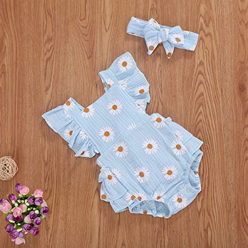 Baby Girls Daisy Playsuits Ruffled Bodysuit+Headband Print Fly Sleeve Romper Floral Jumpsuit Infant Summer Clothes (Blue,6-12 Months)