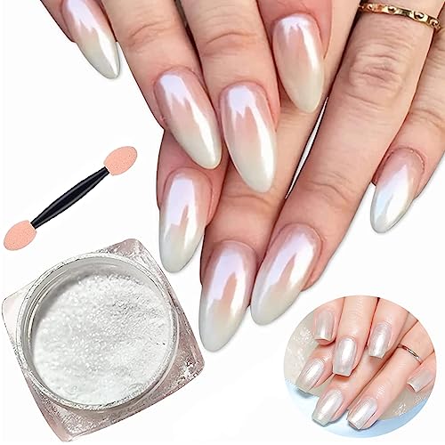 White Pearl Chrome Nail Powder, Ice Transparent Aurora Nail Powder, High Gloss Glitter Nail Art, Mirror Effect Jewelry Glitter White Nail Powder for Manicure Decorations