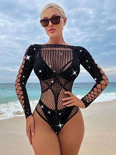 Milumia Women's Fishnet Rhinestone Bodysuit Top Cut Out Sexy Mesh Teddy Bodysuit