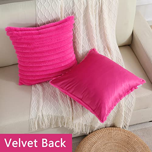 FUTEI Hot Pink Striped Decorative Throw Pillow Covers 18x18 Inch Set of 2,Square Fall Decorations Couch Pillow Case,Soft Cozy Faux Rabbit Fur & Velvet Back,Modern Home Decor for Bed