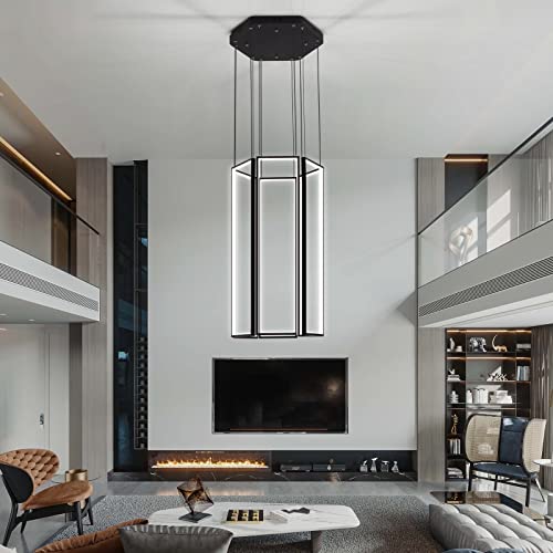 Modern Chandelier Modern Led Chandelier Adjustable Black Chandelier 6 Rings Rectangle Chandelier Living Room Foyer Chandelier Lighting Fixture High Ceiling Chandelier Hanging Modern Ceiling Light