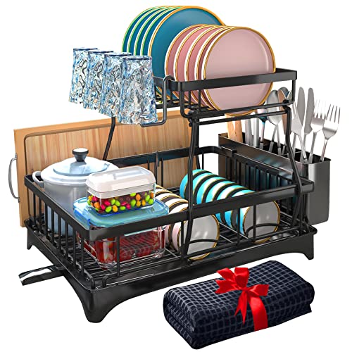 Godboat Dish Drying Rack with Drainboard, 2-Tier Dish Racks for Kitchen Counter, Dish Drainer Set with Utensils Holder, Large Capacity Dish Strainers with Extra Drying Mat (Black)