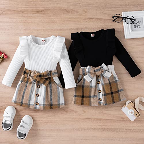 Toddler Baby Girl Skirt Outfit Long Sleeve Ruffle Shirt Top Mini Skirt Set 2Pcs Kids Little Girl Clothes Fall Winter (White,2-3 Years)