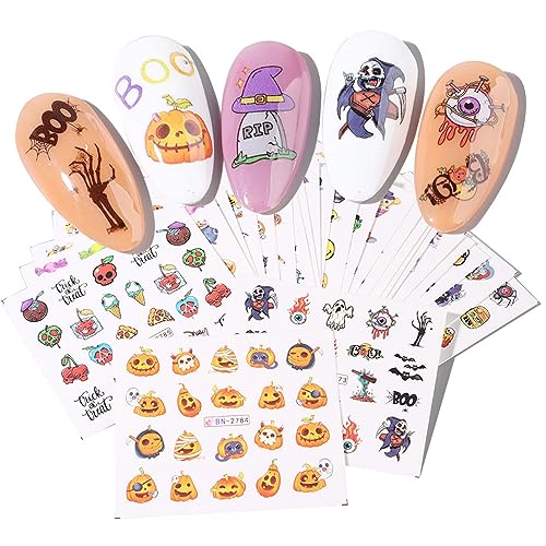 Halloween Nail Art Stickers Water Transfer Nail Decals Pumpkin Skull Ghost Halloween Nail Design Stickers Cute Halloween Acrylic Nail Art Supplies Day of The Dead Nail Decorations for Women Girls