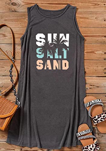 Sun Salt Sand Coconut Tree Sleeveless Mini Dress Casual Sleeveless Summer Beach Vacation Women Workout Mini Dress(Medium,Gray-1)