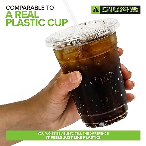 Stock Your Home 16 oz Clear Compostable Cups with Lids and Straws (Set of 50) Plant Based Biodegradable Cold Cups No Plastic Eco Party Cup, Environmentally Friendly Recyclable Disposable Sustainable