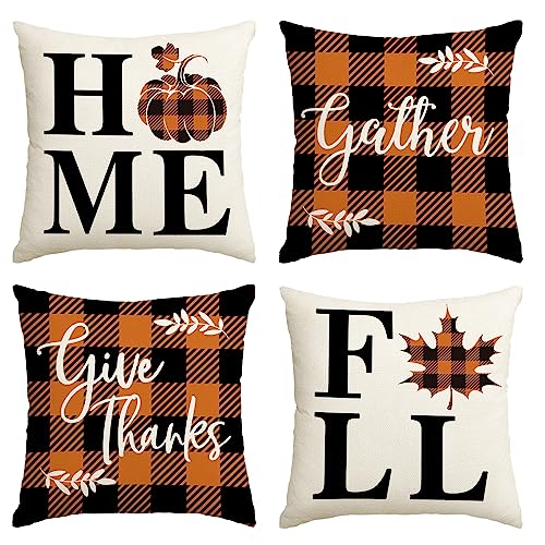 AVOIN colorlife Home Fall Buffalo Check Plaid Pumpkin Maple Leaf Throw Pillow Cover, 18 x 18 Inch Autumn Give Thanks Gather Farmhouse Cushion Case for Sofa Couch Set of 4