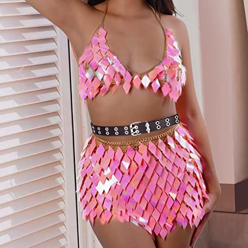 Sequins Tassels Body Chain Gold Bra Skirts Set Sexy Bikini Pink Rave Festival Party Beach Fashion Accessories Jewelry for Women and Girls