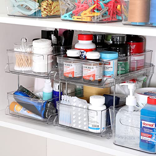 2 Set, 2 Tier Large (8.5" Wide) Clear Organizer with Dividers, MultiUse Slide-Out Storage Container - Kitchen, Pantry, Medicine Cabinet Storage Bins, Bathroom, Vanity Counter, Under Sink Organizing