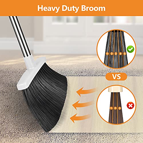 Dust Pan and Broom with Long Handle, Heavy Duty for Home Kitchen Office Indoor Outdoor Sweeping 55 Inch Broom for Floor Cleaning Standing Dustpan with Teeth