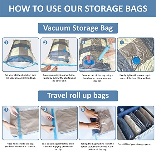 12 Pack Space Saver Bags (2 Jumbo/2 Large/2 Medium/2 Small/4 Roll) Compression Storage Bags for Comforters and Blankets, Vacuum Sealer Bags for Clothes Storage, Hand Pump Included